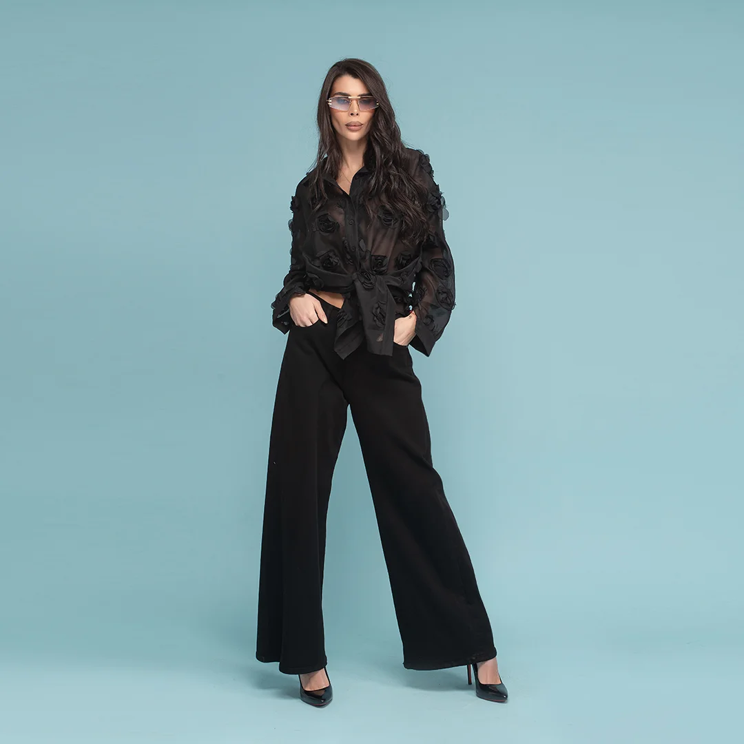 Черни дънки с широк крачол - Junona Черни дънки с широк крачол