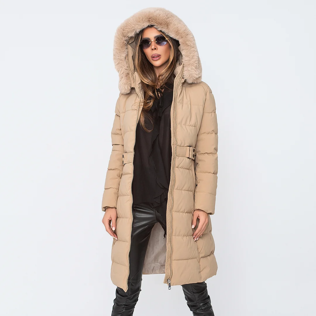 Дълго шушляково яке с качулка с косъм